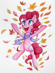 Size: 2048x2729 | Tagged: safe, artist:0okami-0ni, imported from derpibooru, pinkie pie, earth pony, pony, autumn, autumn leaves, clothes, female, leaves, mare, scarf, simple background, solo, traditional art, white background