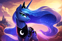 Size: 3072x2048 | Tagged: safe, editor:montaraz13, imported from derpibooru, prompter:montaraz13, princess luna, pony, unicorn, ai content, ai generated, alternate universe, armor, female, generator:novelai, generator:stable diffusion, lidded eyes, long mane, looking at you, majestic, race swap, smiling, smiling at you, solo, unicorn luna