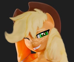 Size: 917x772 | Tagged: safe, artist:trailssfm, imported from derpibooru, applejack, anthro, 3d, clothes, female, freckles, hat, head shot, looking at you, one eye closed, one eye open, smiling, smiling at you, solo, tanktop, wink