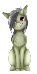 Size: 757x1504 | Tagged: safe, artist:midnightmagic15, imported from derpibooru, oc, oc only, earth pony, pony, chest fluff, cute, cute little fangs, fangs, hair over one eye, looking up, sitting, smiling, solo