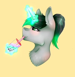 Size: 1993x2048 | Tagged: safe, artist:midnightmagic15, imported from derpibooru, unicorn, blushing, bubble tea, bust, glowing, glowing horn, horn, levitation, magic, portrait, smiling, solo, telekinesis