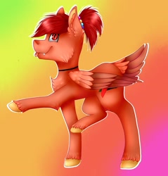 Size: 1961x2048 | Tagged: safe, artist:midnightmagic15, imported from derpibooru, oc, oc only, pegasus, pony, choker, looking at you, raised hoof, raised leg, raspberry, slit pupils, smiling, solo, tail, tail feathers, tongue out, unshorn fetlocks