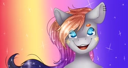 Size: 2048x1087 | Tagged: safe, artist:midnightmagic15, imported from derpibooru, oc, oc only, pony, bust, ear piercing, earring, eye clipping through hair, eyebrows, eyebrows visible through hair, happy, jewelry, looking at you, open mouth, open smile, piercing, smiling, solo, sparkles