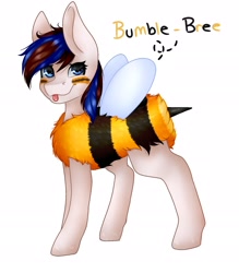 Size: 1813x2071 | Tagged: safe, artist:midnightmagic15, imported from derpibooru, oc, oc only, bee pony, original species, pony, animal costume, bee costume, blushing, clothes, costume, looking at you, raspberry, smiling, solo, spread wings, tongue out, wings