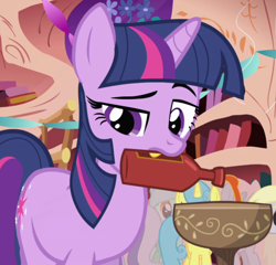 Size: 1046x1003 | Tagged: safe, imported from derpibooru, screencap, derpy hooves, lemon hearts, lyra heartstrings, twilight sparkle, pegasus, pony, unicorn, friendship is magic, season 1, confound these ponies, cropped, eyebrows, female, goblet, hot sauce, i need a freaking drink, mare, mouth hold, raised eyebrow, unicorn twilight