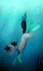 Size: 1253x2048 | Tagged: safe, artist:midnightmagic15, imported from derpibooru, oc, oc only, fish, pony, unicorn, bubble, coat markings, crepuscular rays, digital art, flowing tail, horn, ocean, seaweed, socks (coat markings), solo, sunlight, swimming, tail, underwater, water