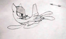 Size: 1490x891 | Tagged: artist needed, safe, imported from derpibooru, oc, oc only, unnamed oc, original species, plane pony, pony, f-16 fighting falcon, flying, jet, jet fighter, jet plane, looking at something, looking back, male, missile, pencil drawing, plane, simple background, solo, stallion, targeted, traditional art, weapon, white background