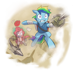 Size: 1024x1024 | Tagged: safe, artist:stupjam, imported from derpibooru, pinkie pie, rainbow dash, pony, female, grappling hook, mare, parody, pyro, rainbow scout, scout, simple background, team fortress 2, transparent background