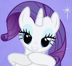 Size: 1025x937 | Tagged: safe, imported from derpibooru, screencap, rarity, pony, unicorn, friendship is magic, season 1, beautiful, blue eyes, cropped, cute, female, gray fur, hands together, lidded eyes, looking at you, mare, purple mane, raribetes, smiling, solo, stars