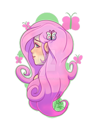 Size: 1024x1366 | Tagged: safe, artist:fluterloo, imported from derpibooru, fluttershy, butterfly, human, equestria girls, bust, looking at you, looking back, looking back at you, portrait, simple background, solo, transparent background, watermark