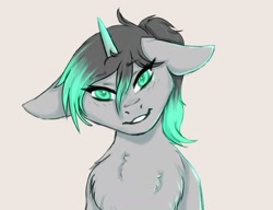 Size: 2119x1627 | Tagged: safe, artist:midnightmagic15, imported from derpibooru, pony, unicorn, breasts, eyebrows, eyebrows visible through hair, floppy ears, looking at you, smiling, solo