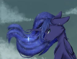 Size: 2119x1627 | Tagged: safe, artist:midnightmagic15, imported from derpibooru, princess luna, alicorn, pony, ear piercing, earring, floppy ears, frown, jewelry, looking at you, pendant, piercing, sad, solo, windswept mane
