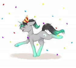Size: 2048x1840 | Tagged: safe, artist:midnightmagic15, imported from derpibooru, oc, oc only, unicorn, birthday, confetti, floppy ears, happy, hat, open mouth, open smile, party hat, raised hoof, raised leg, smiling, solo
