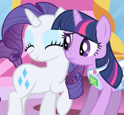 Size: 657x610 | Tagged: safe, imported from derpibooru, screencap, rarity, twilight sparkle, pony, unicorn, friendship is magic, season 1, cropped, cute, eyes closed, female, frown, gem saddle twilight, mare, raised hoof, raribetes, saddle, smiling, tack, unicorn twilight