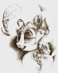 Size: 1024x1287 | Tagged: safe, artist:lordgood, imported from derpibooru, pinkie pie, earth pony, pony, bust, female, flower, flower in hair, mare, monochrome, pencil drawing, smiling, solo, traditional art