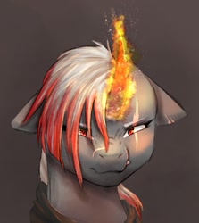 Size: 1463x1640 | Tagged: safe, artist:midnightmagic15, imported from derpibooru, pony, unicorn, angry, bust, curved horn, ears back, eye scar, facial scar, fire, glowing, glowing horn, hair over one eye, horn, looking at you, scar, snarling, solo