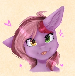 Size: 1862x1883 | Tagged: safe, artist:midnightmagic15, imported from derpibooru, oc, oc only, pony, bust, ear fluff, floppy ears, looking at you, portrait, raspberry, smiling, solo, sparkles, tongue out