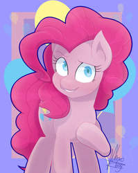 Size: 1024x1285 | Tagged: safe, artist:fluterloo, imported from derpibooru, pinkie pie, earth pony, pony, balloon, female, looking at you, mare, raised hoof, shading, simple background, smiling, solo