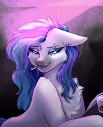 Size: 720x886 | Tagged: safe, artist:midnightmagic15, imported from derpibooru, oc, oc only, earth pony, pony, alcohol, bar, chest fluff, cigarette, ear piercing, earring, eyeshadow, jewelry, lidded eyes, makeup, piercing, smoking, solo