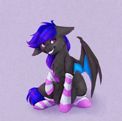 Size: 2048x2032 | Tagged: safe, artist:midnightmagic15, imported from derpibooru, bat pony, pony, chest fluff, clothes, floppy ears, grin, looking at you, smiling, socks, solo, spread wings, striped socks, wings
