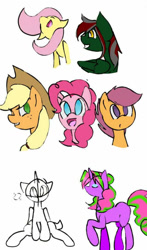 Size: 600x1019 | Tagged: safe, artist:fluterloo, imported from derpibooru, applejack, fluttershy, pinkie pie, scootaloo, oc, earth pony, pegasus, pony, unicorn, colored, eyes closed, flat colors, happy, looking forward, looking offscreen, simple background, sketch, smiling