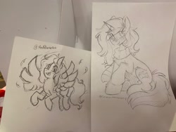 Size: 2048x1536 | Tagged: safe, artist:crimmharmony, artist:redpalette, imported from derpibooru, oc, oc only, pony, unicorn, blushing, open mouth, open smile, sketch, smiling, spread wings, traditional art, wings