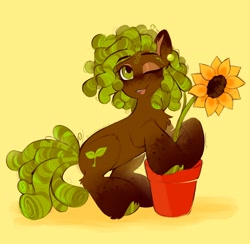 Size: 1972x1922 | Tagged: safe, artist:crimmharmony, imported from derpibooru, oc, oc only, earth pony, pony, flower, flower pot, freckles, hoof polish, looking at you, one eye closed, open mouth, open smile, smiling, sunflower, unshorn fetlocks, wink, winking at you