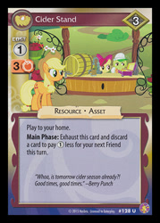 Size: 344x480 | Tagged: safe, imported from derpibooru, apple bloom, applejack, granny smith, the super speedy cider squeezy 6000, absolute discord, barrel, ccg, cider, enterplay, merchandise, stand