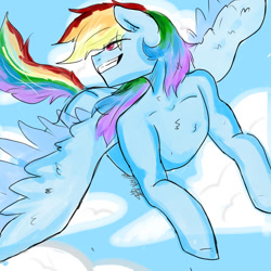 Size: 1024x1024 | Tagged: safe, artist:captainloafnugget, imported from derpibooru, rainbow dash, pegasus, cloud, flying, grin, human shoulders, looking to the left, smiling, solo