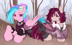 Size: 1259x802 | Tagged: safe, artist:crimmharmony, imported from derpibooru, oc, oc only, oc:crimm harmony, bat pony, pegasus, choker, clothes, eye clipping through hair, flower, flower in hair, forest, jacket, lidded eyes, lying down, prone, spiked choker