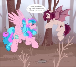 Size: 1550x1358 | Tagged: safe, artist:crimmharmony, imported from derpibooru, oc, oc only, oc:crimm harmony, bat pony, pegasus, pony, angry, dialogue, eye clipping through hair, eyebrows, eyebrows visible through hair, flying, forest, landmine, lidded eyes, mine, smug, spread wings, wings