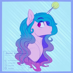 Size: 1440x1440 | Tagged: safe, artist:_candypone_, imported from derpibooru, izzy moonbow, pony, unicorn, ball, bust, g5, izzy's tennis ball, looking back, solo, tennis ball