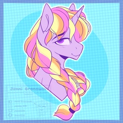 Size: 2048x2048 | Tagged: safe, artist:_candypone_, imported from derpibooru, oc, oc only, pony, unicorn, braid, braided pigtails, braided ponytail, bust, eyebrows, eyebrows visible through hair, lidded eyes, looking at you, pigtails, ponytail, smiling, solo