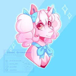 Size: 2048x2048 | Tagged: safe, artist:_candypone_, imported from derpibooru, oc, oc only, pony, unicorn, bow, bust, curved horn, eyebrows, eyebrows visible through hair, hair bow, horn, looking at you, smiling, solo, sparkles