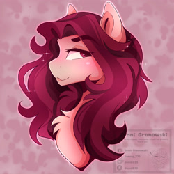 Size: 3500x3500 | Tagged: safe, artist:_candypone_, imported from derpibooru, oc, oc only, oc:crimm harmony, pony, bust, chest fluff, eyebrows, eyebrows visible through hair, lidded eyes, looking back, solo, sparkles