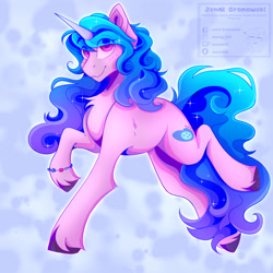 Size: 3500x3500 | Tagged: safe, artist:_candypone_, imported from derpibooru, izzy moonbow, pony, unicorn, eye clipping through hair, g5, looking at you, raised hoof, running, smiling, solo, sparkles