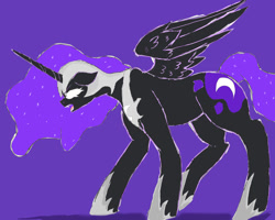 Size: 1024x820 | Tagged: safe, artist:captainloafnugget, imported from derpibooru, nightmare moon, alicorn, ethereal mane, ethereal tail, screaming, simple background, solo, spread wings, tail, wings, wrong color