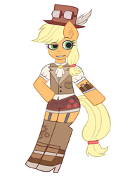 Size: 769x1040 | Tagged: safe, artist:noah-nyan, imported from derpibooru, applejack, earth pony, pony, semi-anthro, female, hat, looking offscreen, mare, simple background, solo, steampunk, transparent background