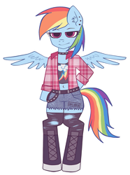 Size: 771x1036 | Tagged: safe, artist:noah-nyan, imported from derpibooru, rainbow dash, pegasus, pony, semi-anthro, belly button, boots, clothes, collar, female, mare, midriff, punk, shirt, shoes, shorts, simple background, solo, torn clothes, transparent background