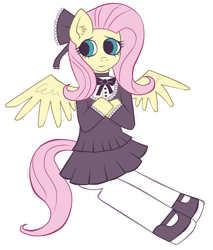 Size: 1024x1200 | Tagged: safe, artist:noah-nyan, imported from derpibooru, fluttershy, pegasus, pony, female, goth, gothic, lolita fashion, looking offscreen, mare, sitting, solo, spread wings, wings