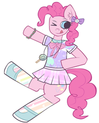 Size: 1024x1278 | Tagged: safe, artist:noah-nyan, imported from derpibooru, pinkie pie, earth pony, pony, candy, dancing, female, food, lollipop, looking offscrean, mare, pastel, simple background, solo, standing, standing on one leg, tongue out, transparent background