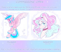 Size: 2048x1736 | Tagged: safe, artist:_candypone_, imported from derpibooru, oc, oc only, pegasus, pony, advertisement, choker, commission info, freckles, heart, smiling, spread wings, unshorn fetlocks, wings