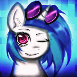 Size: 1024x1024 | Tagged: safe, artist:noah-nyan, imported from derpibooru, dj pon-3, vinyl scratch, pony, unicorn, female, goggles, goggles on head, looking at you, mare, one eye closed, simple background, solo, wink