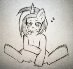 Size: 531x505 | Tagged: safe, artist:noah-nyan, imported from derpibooru, dj pon-3, vinyl scratch, pony, unicorn, female, looking at you, mare, sitting, sketch, solo, spread legs, spreading