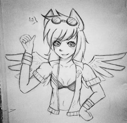 Size: 599x581 | Tagged: safe, artist:noah-nyan, imported from derpibooru, rainbow dash, human, pegasus, equestria girls, clothes, female, goggles, goggles on head, humanized, open clothes, open shirt, photo, sketch, smiling, solo, spread wings, thumbs up, wings, wristband