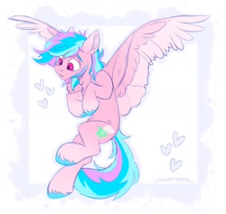 Size: 1620x1536 | Tagged: safe, artist:_candypone_, imported from derpibooru, oc, oc only, pegasus, pony, colored wings, colored wingtips, flying, heart, solo, spread wings, two toned wings, unshorn fetlocks, wings
