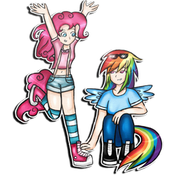 Size: 1000x1032 | Tagged: safe, artist:noah-nyan, imported from derpibooru, pinkie pie, rainbow dash, human, duo, female, grin, humanized, raised arms, simple background, smiling, standing, standing on one leg, sunglasses, transparent background, wings