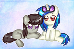 Size: 811x535 | Tagged: safe, artist:noah-nyan, imported from derpibooru, dj pon-3, octavia melody, vinyl scratch, earth pony, pony, unicorn, duo, female, filly, foal, goggles, goggles on head, looking at you, lying down, prone, simple background, sitting