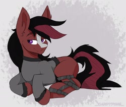 Size: 2048x1736 | Tagged: safe, artist:_candypone_, imported from derpibooru, oc, oc only, pony, clothes, leg brace, lidded eyes, lying down, prone, smiling, solo, sweater