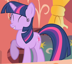 Size: 506x454 | Tagged: safe, imported from derpibooru, screencap, twilight sparkle, pony, unicorn, owl's well that ends well, season 1, adorkable, cropped, cute, dork, eyes closed, female, golden oaks library, mare, raised hoof, smiling, solo, twiabetes, unicorn twilight